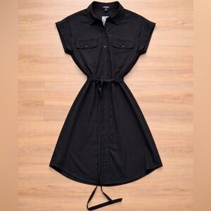 Express Black Button-Front Midi Shirt Dress with Tie Waist